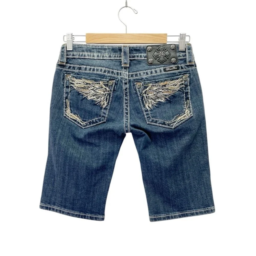 Miss Me Shorts Y2K Embroidered Feather Wings Long Jean Shorts Dark Wash Size 26